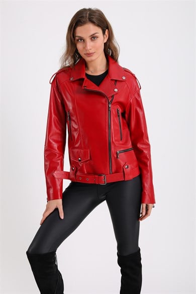 Veste en cuir rouge oversized