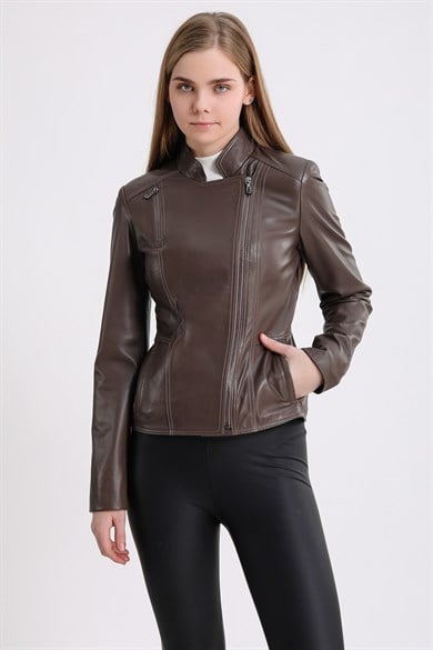 Veste en cuir beige foncé