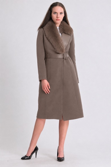 Manteau en cachemire beige foncé avec finitions en fourrure de renard et montone