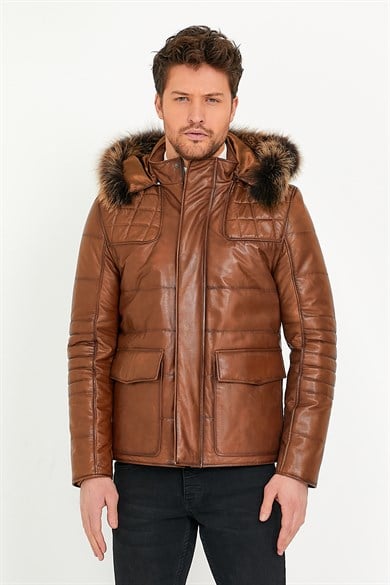 Veste en cuir marron foncé avec détail en fourrure de renard Argante