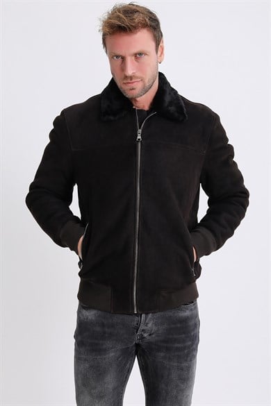 Veste Pilot en daim brun foncé doublée de fourrure