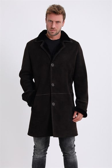 Manteau en daim et cuir brun foncé doublé en fourrure d'agneau