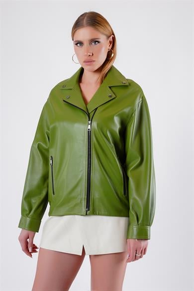 Veste en cuir vert foncé Oversize