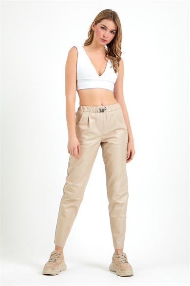 Pantalon en cuir couleur crème Comfort Fit