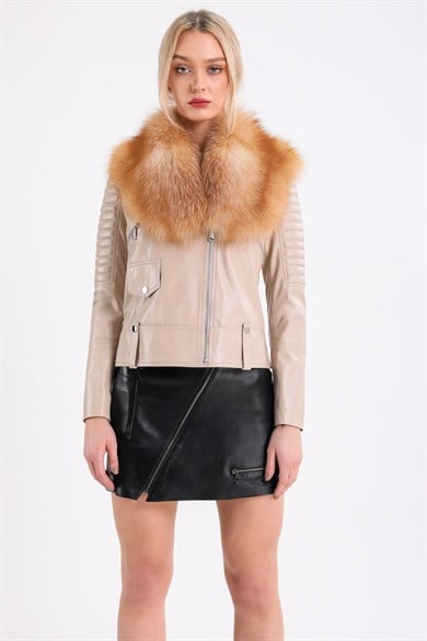 Veste en cuir crème avec détails renard doré