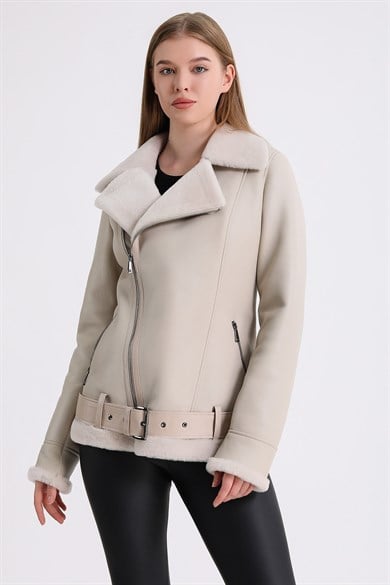 Veste portefeuille en fourrure d'agneau crème