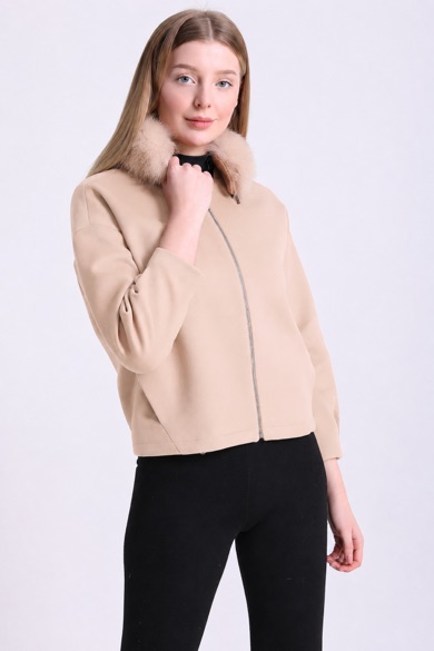 Veste en cachemire crème garnie de fourrure de renard