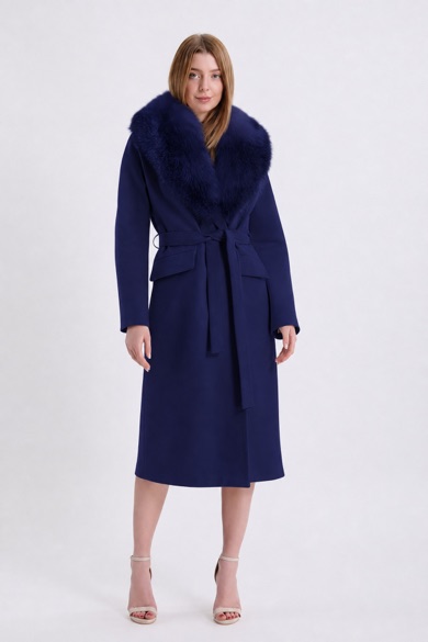 Manteau en cachemire Arjante bleu marine avec fitures en renard