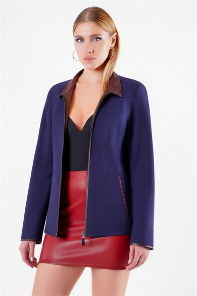Veste en daim réversible bleu marine et bordeaux