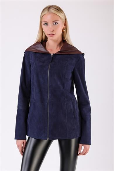 Veste bicolore en daim et cuir bleu marine et bordeaux