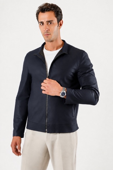 Veste en cuir bleu marine réversible