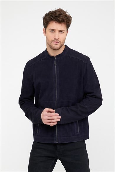 Veste réversible en daim et cuir bleu foncé