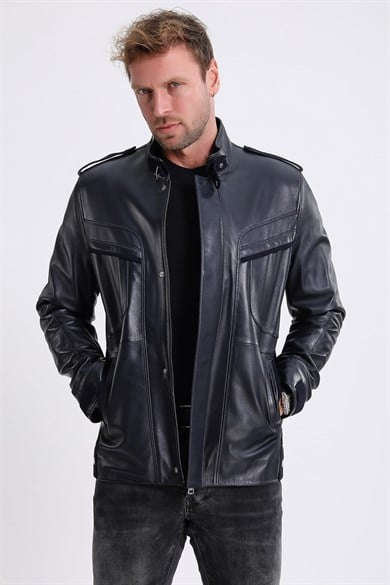 Manteau en cuir bleu marine