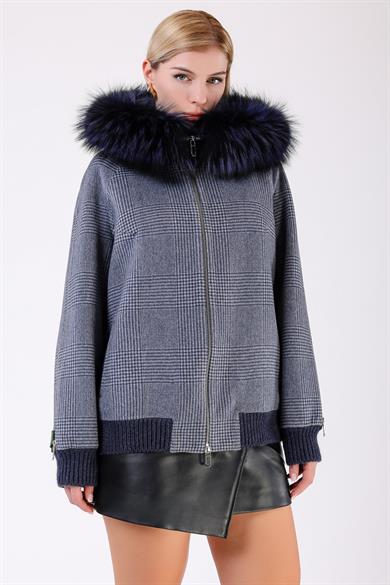 Manteau en alpaga bleu marine avec garniture renard