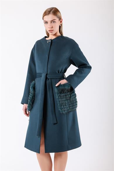 Manteau Cachemire avec garniture de fourrure de renard bleu foncé