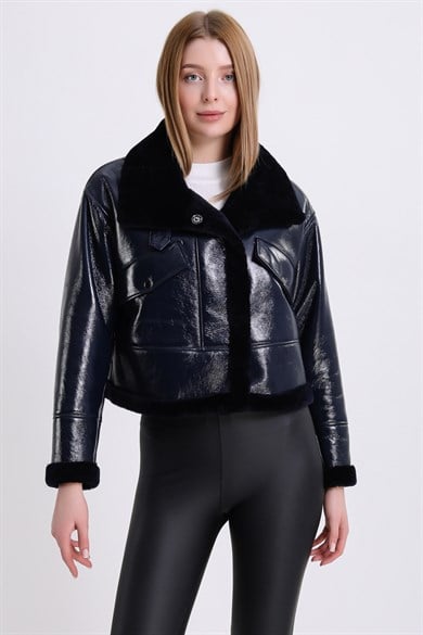 Veste en fourrure agneau Glam bleu marine
