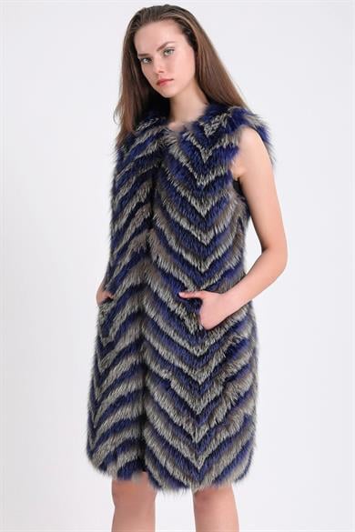 Gilet en fourrure de renard symétrique bleu foncé et gris