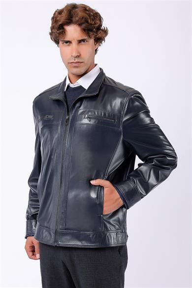 Veste en cuir bleu marine