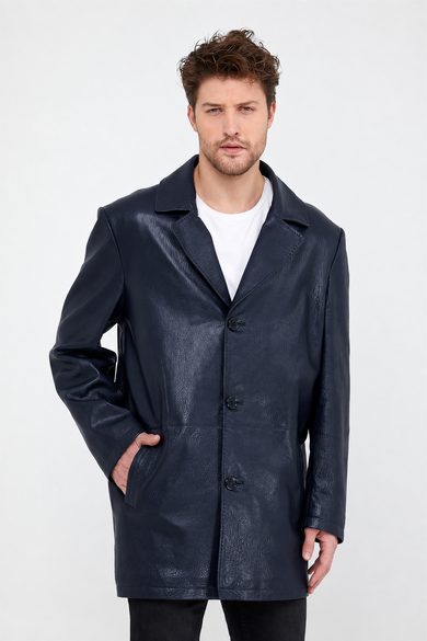 Lacivert Jumbo Blazer Deri Ceket