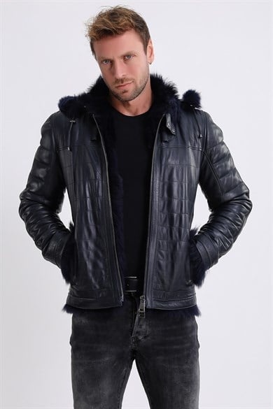 Veste en cuir bleu foncé doublée de peau d'agneau