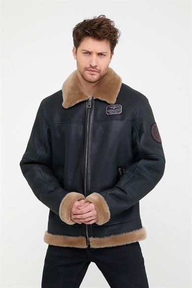 Manteau en fourrure d'agneau bleu foncé Pilot