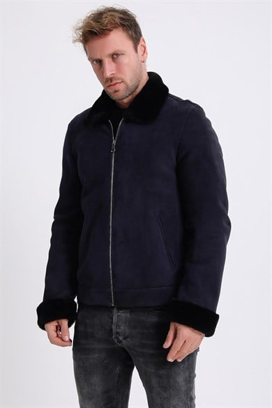 Veste Pilot en daim bleu marine avec garniture de fourrure