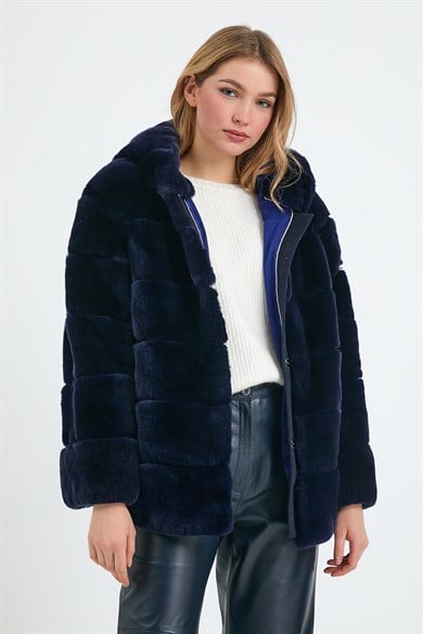 Manteau en fourrure de rex bleu marine