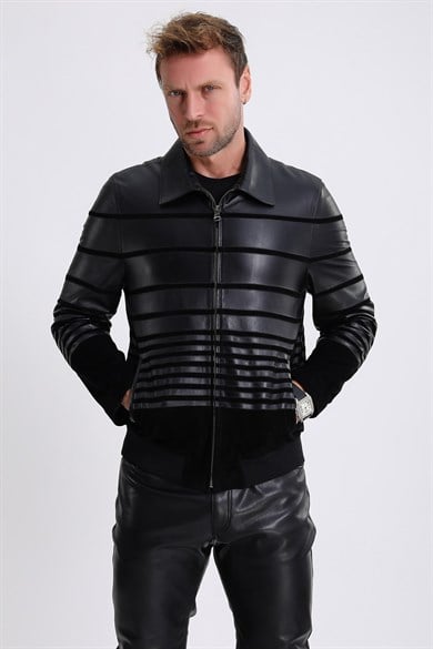 Veste en daim et cuir bleu marine avec détails à bandes