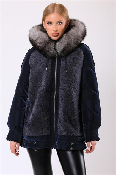 Doudoune Taylor en laine bleu marine avec garniture en fourrure