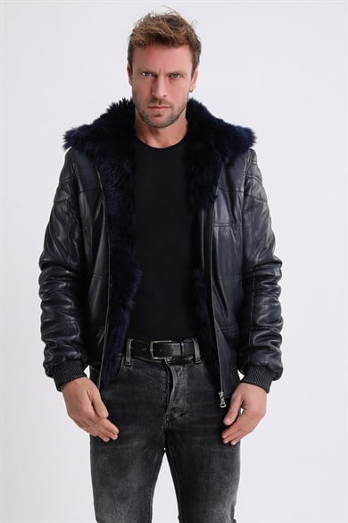 Manteau en cuir bleu marine doublé de fourrure Toscane
