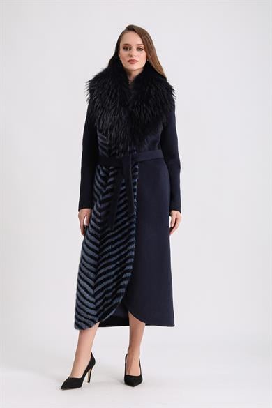 Manteau en cachemire bleu marine avec col en fourrure de vison et de renard