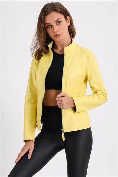 Veste cuir réversible jaune citron à motifs