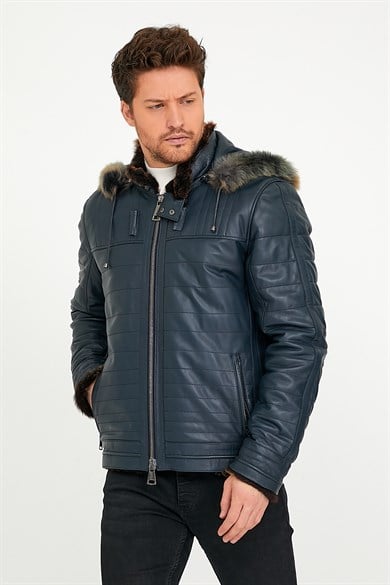 Veste en cuir bleu doublée de peau d'agneau