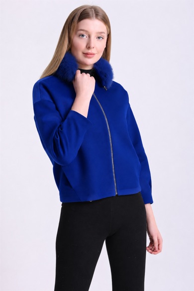 Veste en cachemire bleu avec fitures en renard