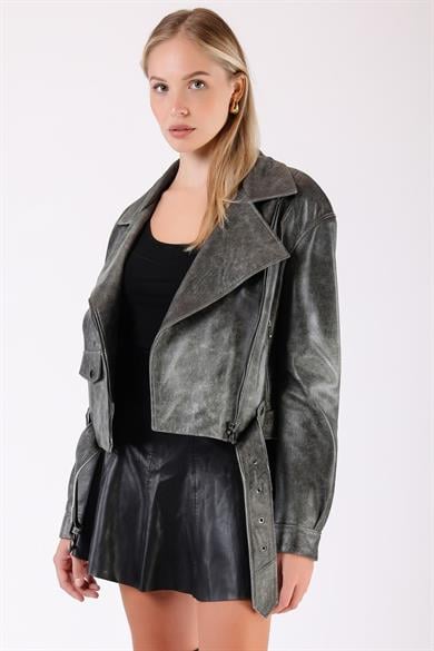 Veste en cuir gris métallisé oversized