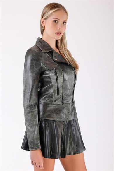 Veste vintage en cuir gris métallisé