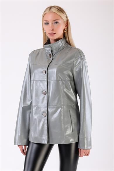 Veste en cuir gris métallisé