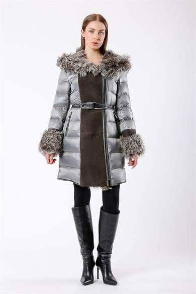 Manteau en fourrure toscane daim gris métallisé authentique