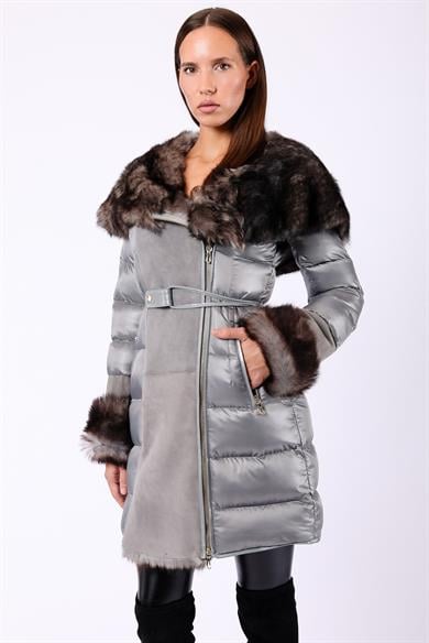 Manteau en daim et fourrure Toscana gris métallisé