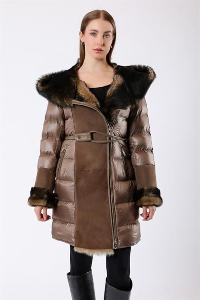 Manteau en fourrure toscane daim marron métallisé authentique