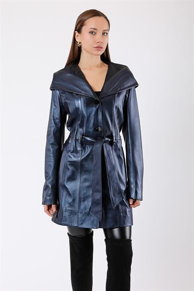 Manteau en cuir à capuche bleu foncé métallisé