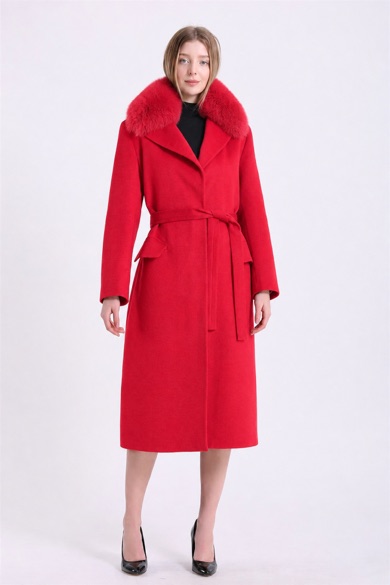 Manteau en cachemire grenade avec finitions en fourrure de renard