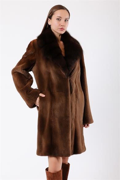 Manteau en fourrure de lynx naturel, doublure de fourrure renard marron café