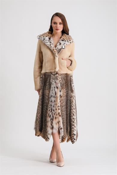 Manteau en fourrure de lynx naturel multi avec détails en fourrure de vison