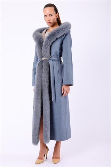 Manteau en alpaga laine bleu océan avec garniture renard