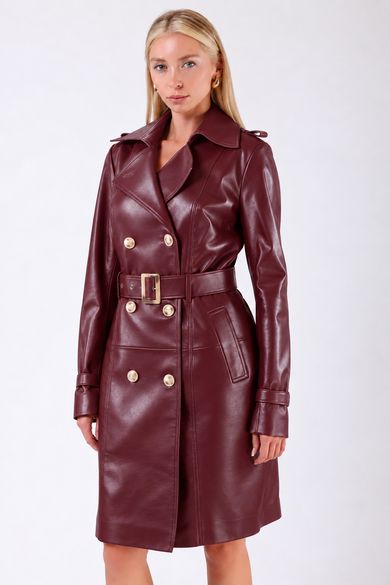 Bordeauxroter Trenchcoat aus echtem Leder