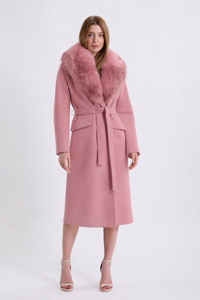 Manteau en cachemire Arjante rose avec fitures en renard
