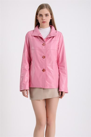 Veste en cuir rose boutonnée