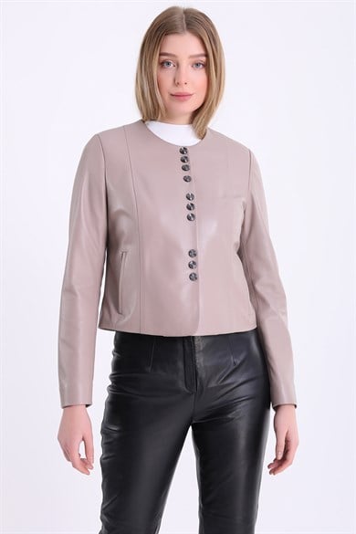 Veste en cuir rose poudré col rond