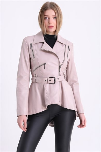 Veste longue en cuir poudré